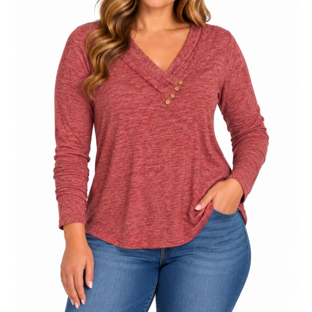Women’s Red Heather V-Neck Button Detail Long Sleeve Knit Top | Size Large